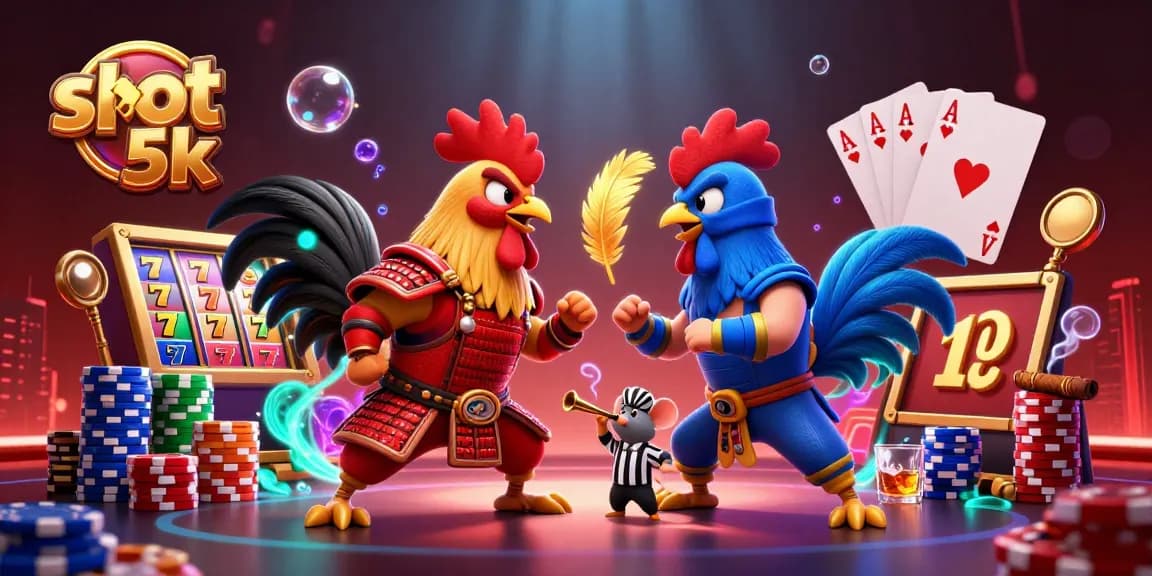 Experience thrilling action with slot 5k, featuring bold roosters in dramatic casino-themed standoff.
