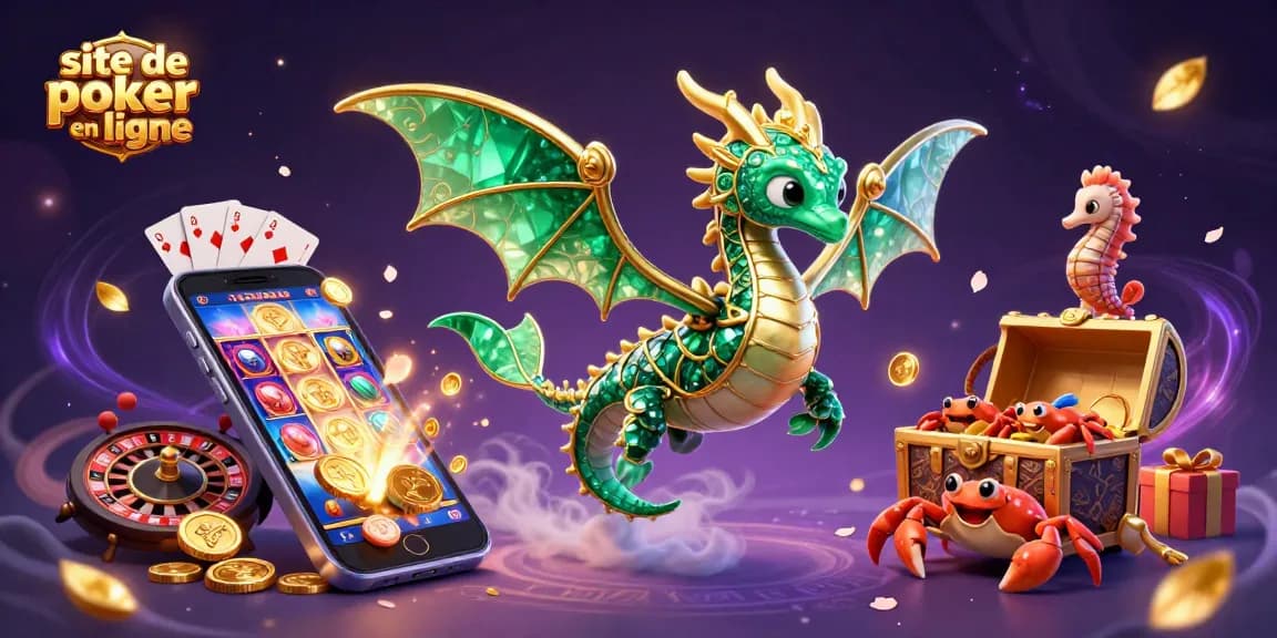 Participez au site de poker en ligne avec des dragons marins et un smartphone dans un décor fantastique.