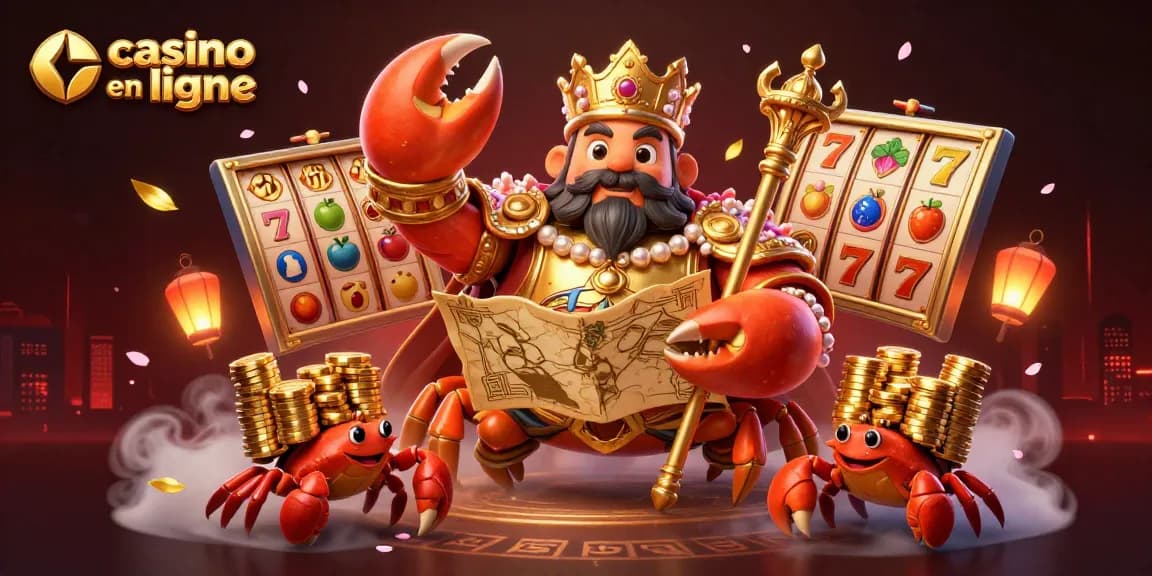 Jouez au casino en ligne avec le roi des crabes dorés entouré de symboles de machines à sous.