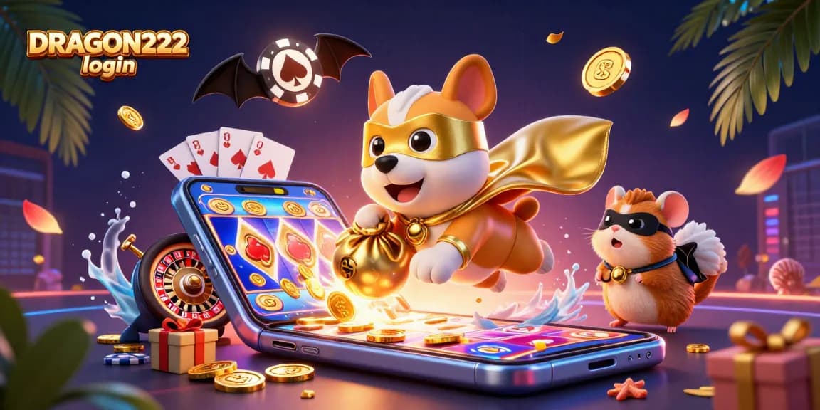 Experience seamless gameplay with DRAGON222 login surrounded by vibrant slot game elements, coins, and characters.