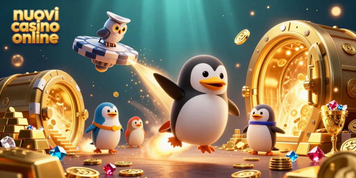 Gioca nei nuovi casino online mentre il pinguino d'oro esplode nello spazio con monete d'oro.