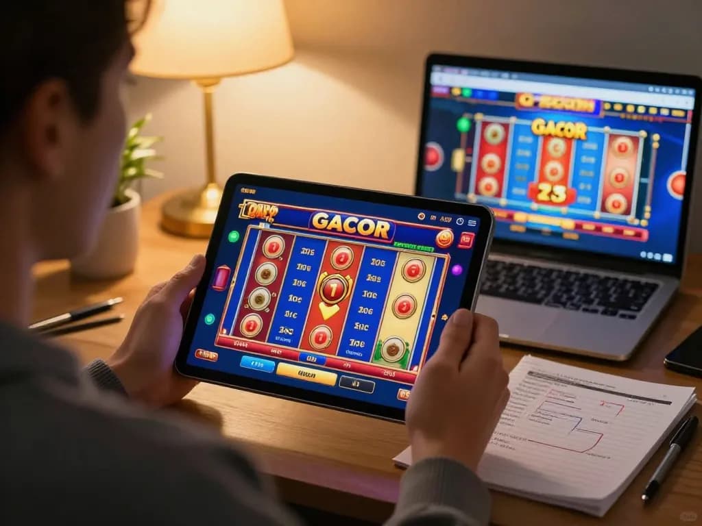 Engaging in slot gacor gameplay on a tablet, showcasing dynamic reels and jackpot excitement.