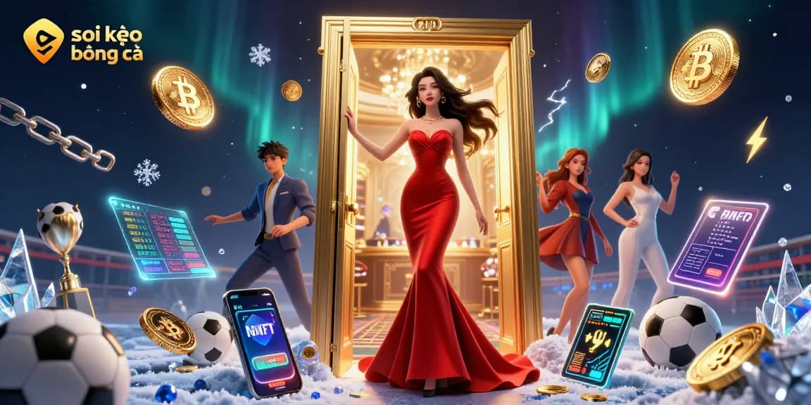 Soi kèo bóng đá: Engaging scene depicting sports betting with vibrant characters and elements in a luxurious casino setting.