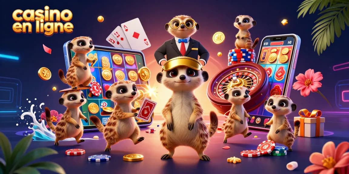 Découvrez un casino en ligne avec des suricates animés gérant des jeux et des jetons colorés.