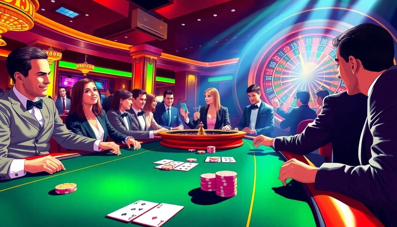 Engaged players at https://ev88.claims/ enjoy a thrilling high-stakes poker game in a lavish casino setting.