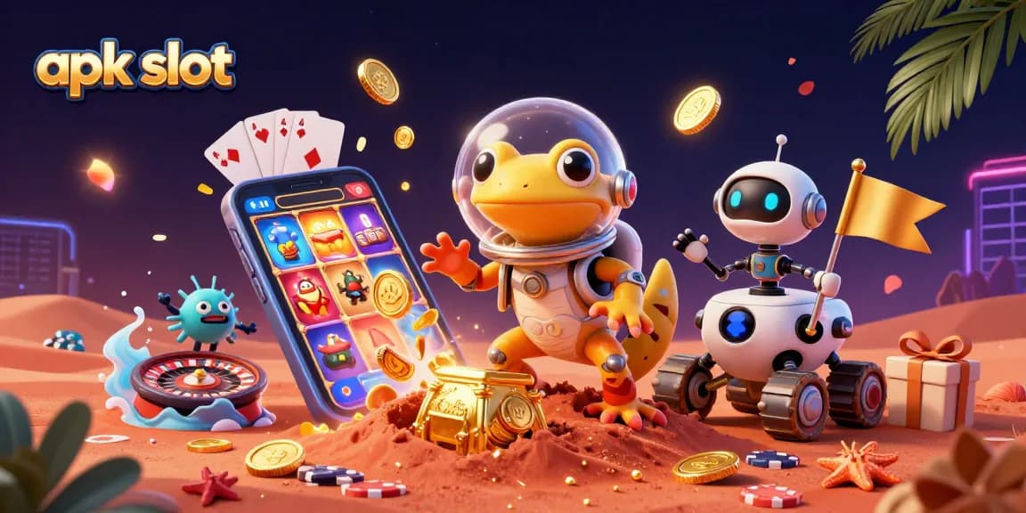 Menangkan apk slot dalam ilustrasi 3D dengan karakter lucu dan permainan kasino menarik.