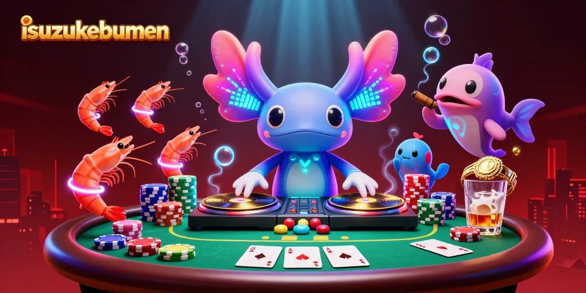 Engage with isuzukebumen's vibrant casino scene featuring an axolotl DJ and playful characters.