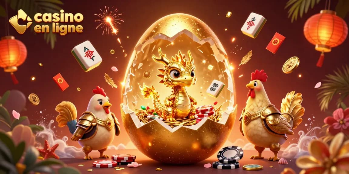 Découvrez un casino en ligne vibrant avec un dragon doré et des jetons de poker brillants.