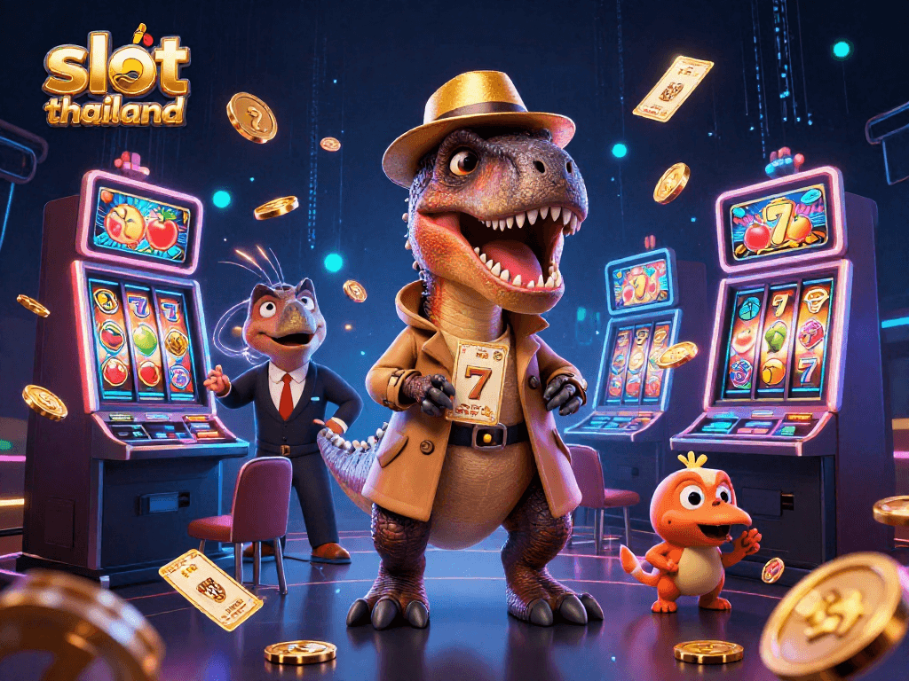 Engage in the thrilling slot thailand experience with a cartoon velociraptor while winning chips and jackpot!