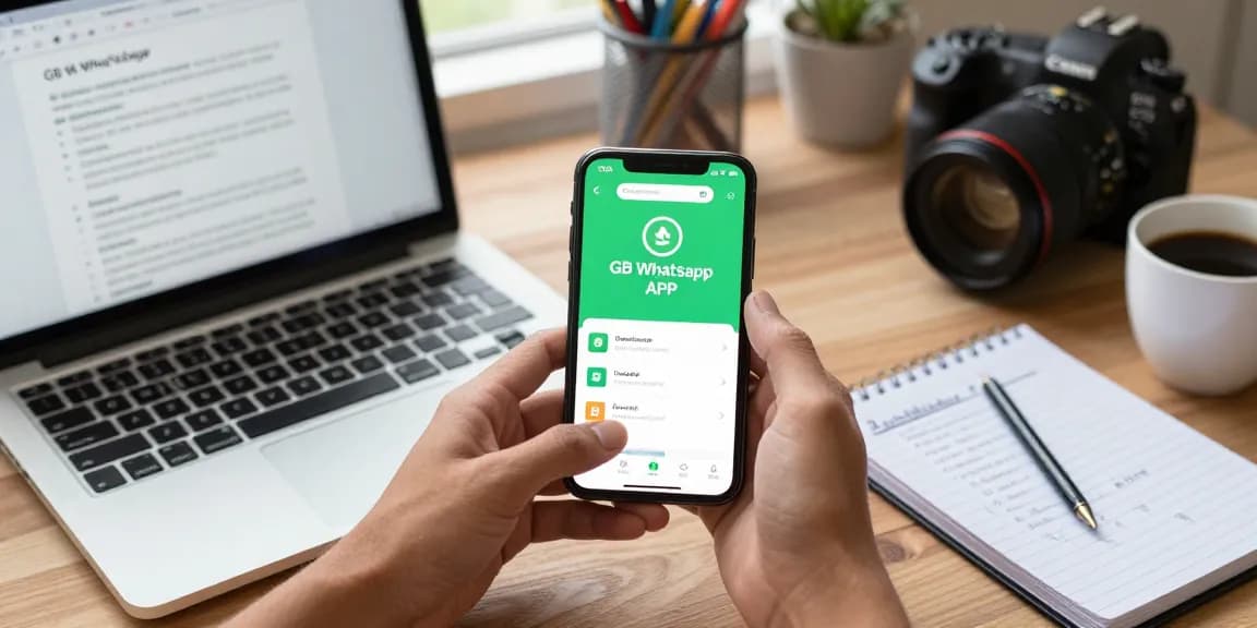 Downloading the gb whatsapp apk on a modern smartphone in a stylish workspace, showcasing the app's features.