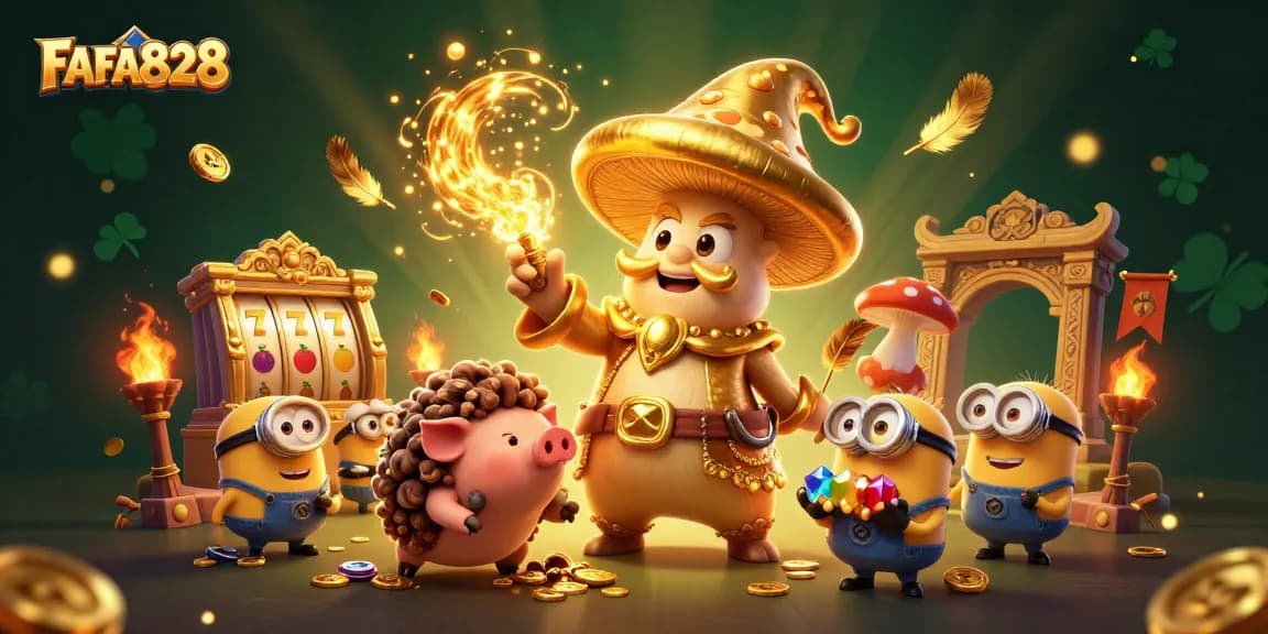 Experience the magic of FAFA828 with golden slot reels and enchanting characters in a vibrant casino atmosphere.