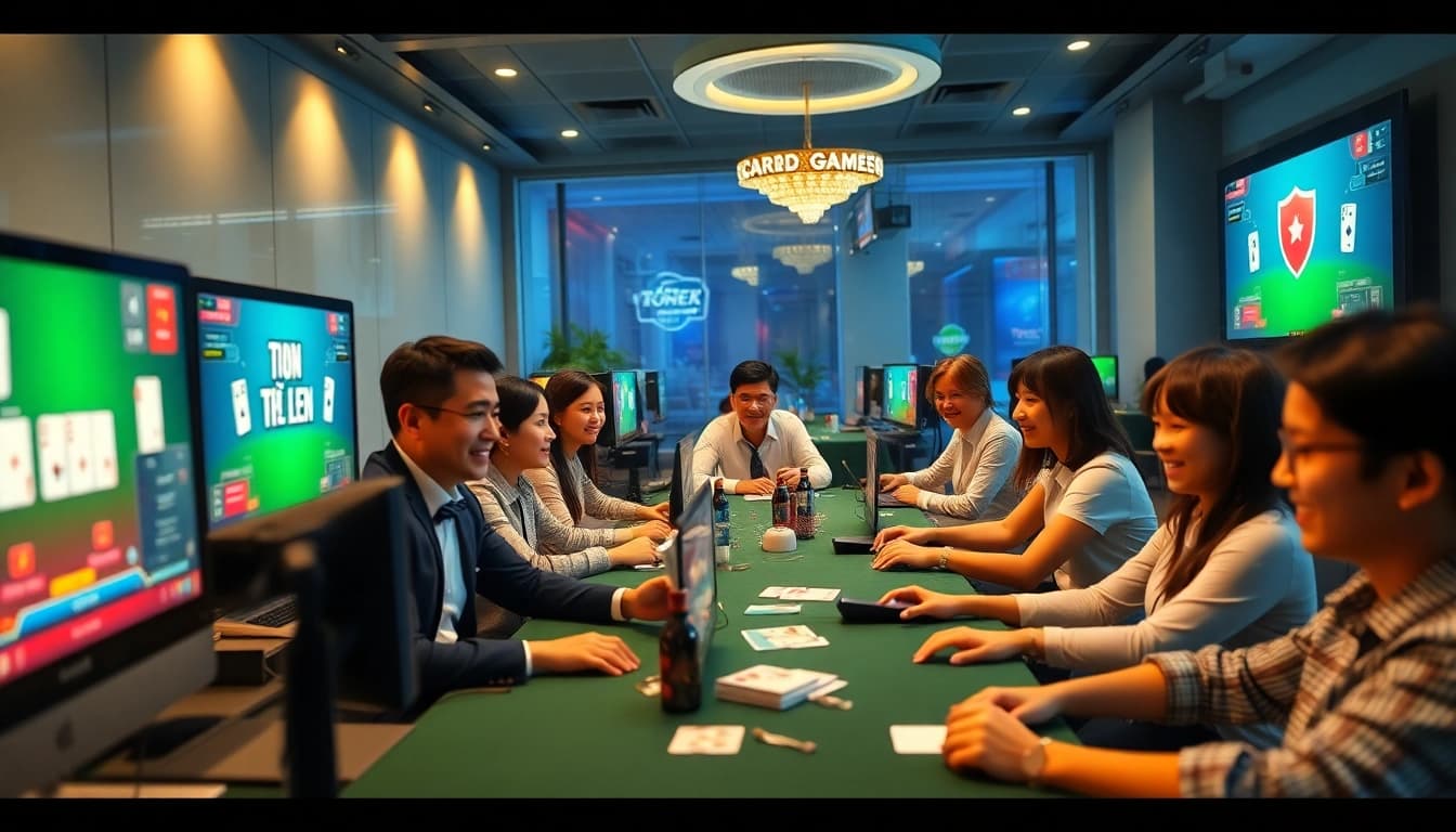 Dynamic online gaming scene at topgamebaidoithuong.mx featuring diverse players enjoying card games.