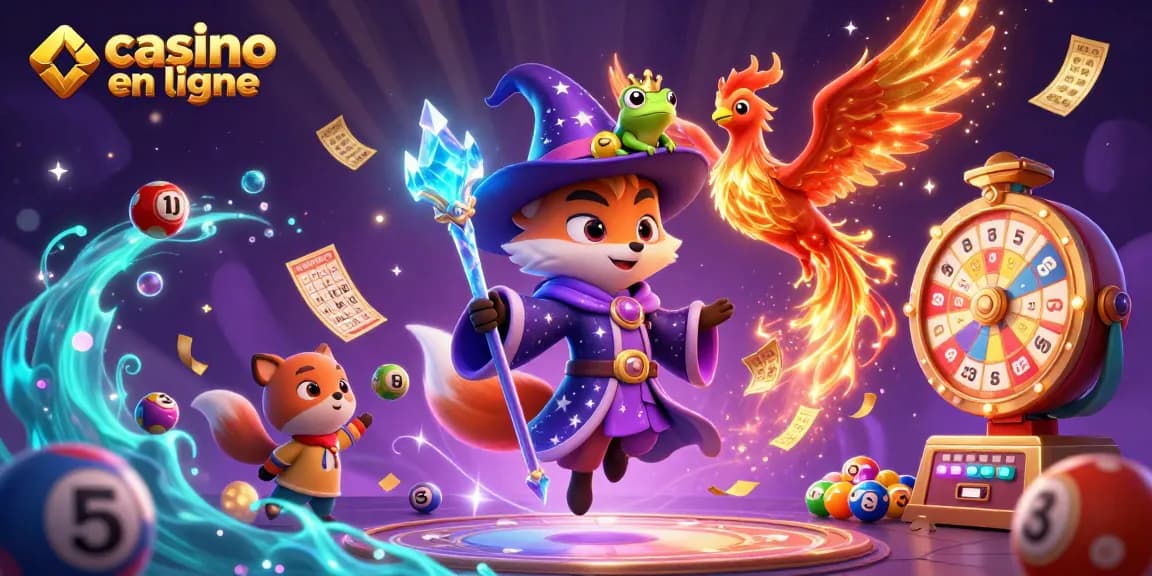 Illustrez casino en ligne avec un renard sorcier et un phénix, entourés d'éléments de jeu