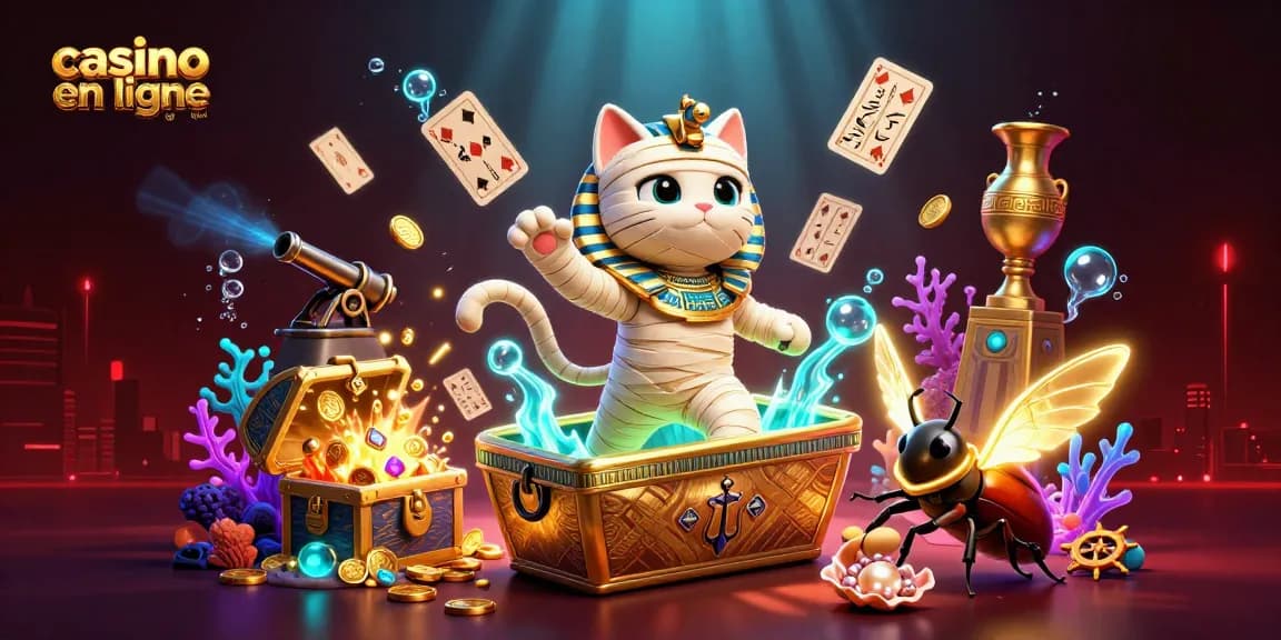 Jouez au casino en ligne France légal avec une illustration captivante d'un chat momie et un scarabée dans un casino pyramidal.