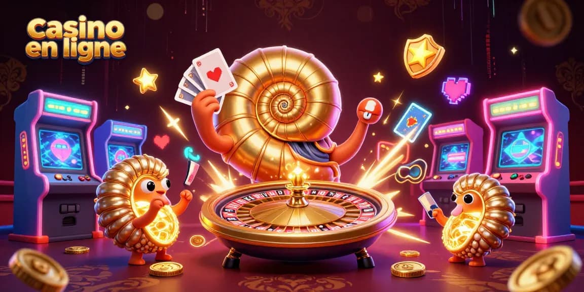 Jouez à des jeux captivants de casino en ligne avec un nautilus géant entouré de machines colorées et de cartes.