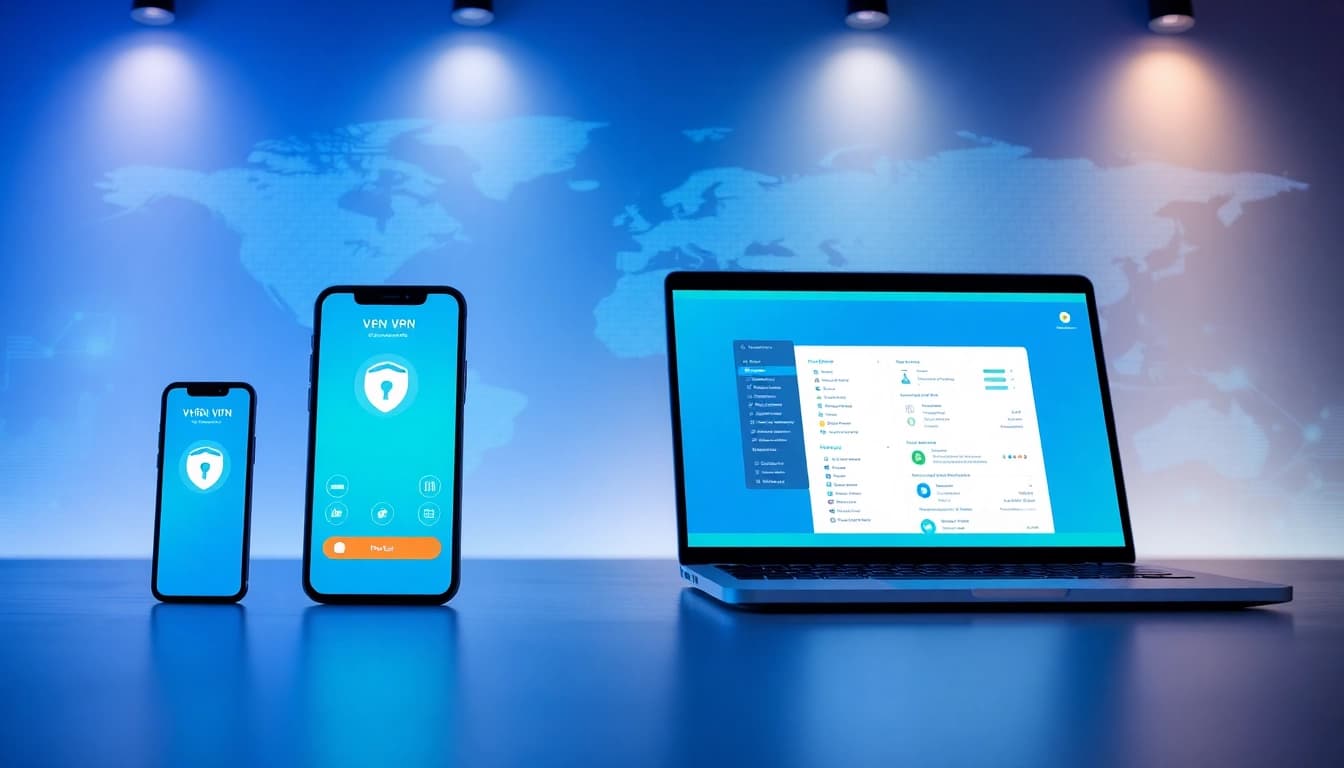 多设备显示的快连 VPN 应用界面，展示全球连接性与安全特性。
