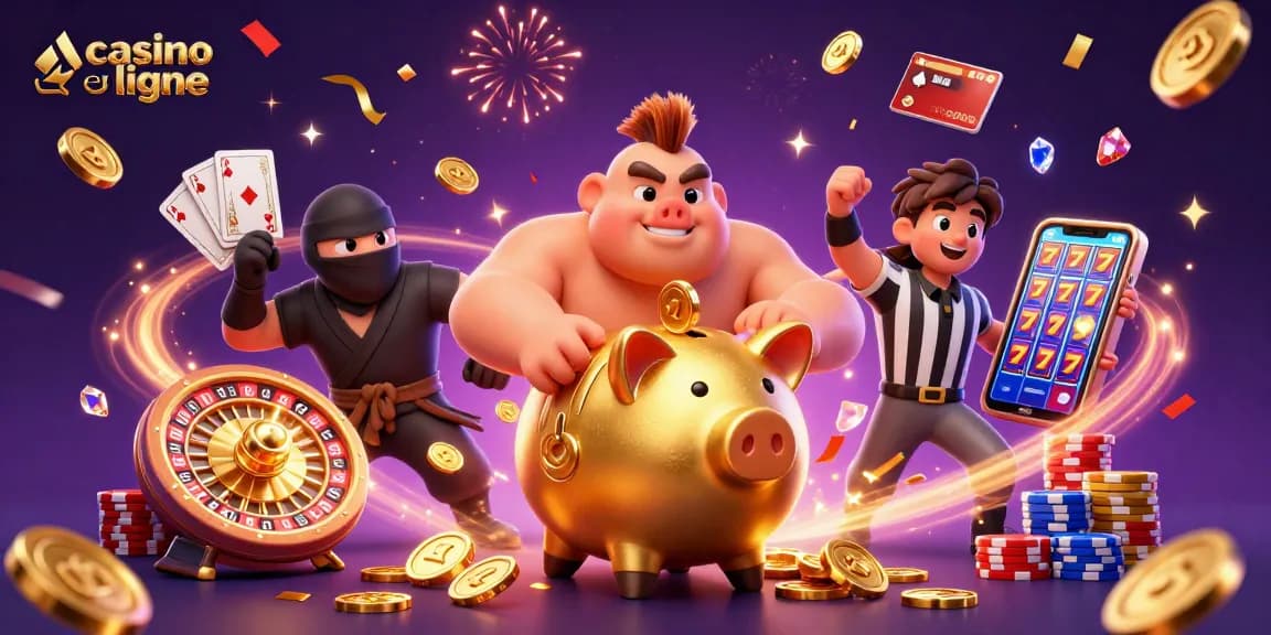 Jouez et gagnez avec le casino en ligne : tirelire et ninja en action.