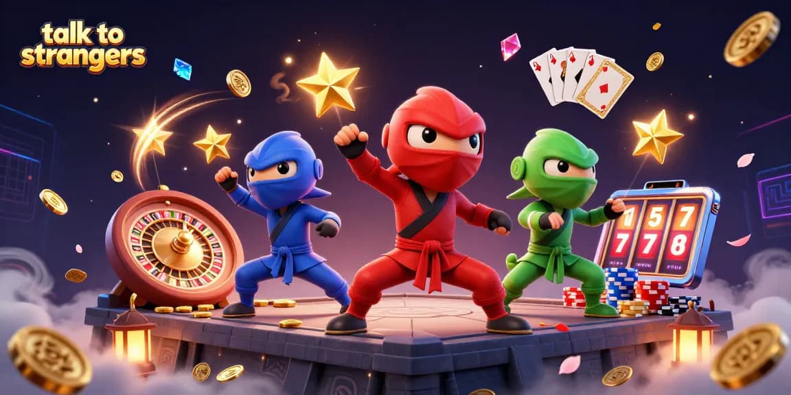 Talk to strangers through vibrant gambling-themed 3D illustration with chameleons and casino elements