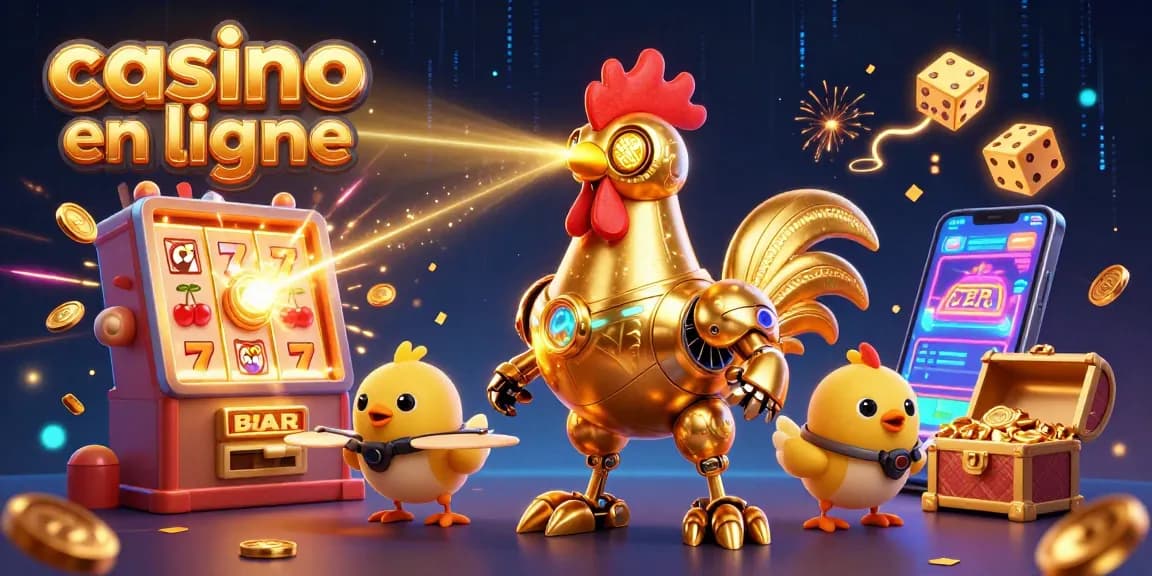Jouer au casino en ligne avec un robot poulet, des machines à sous, et des pièces dorées qui tombent