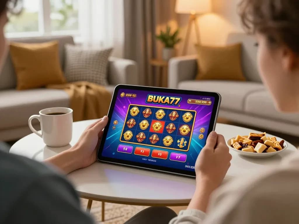 Engaging in BUKA77 online gaming on a tablet in a cozy living room setting, highlighting responsible entertainment.