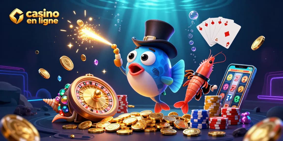Plongez dans l'univers du casino en ligne avec une illustration 3D captivante de créatures marines attirant des pièces d'or.