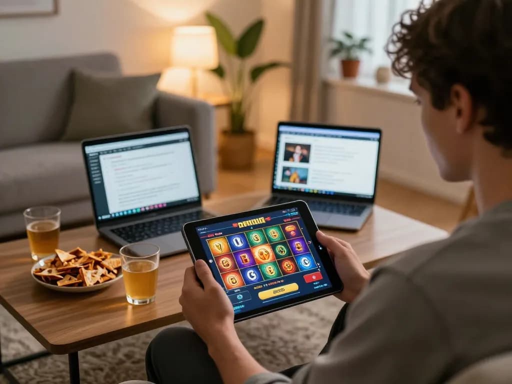 Engaging scene of a player spinning the reels on a link slot game during cozy home gaming.