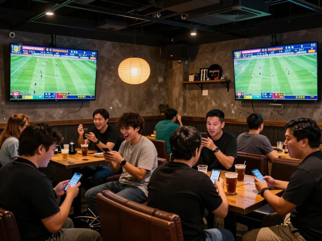 Bongdalu sports betting scene with excited friends placing live bets in a vibrant sports bar.