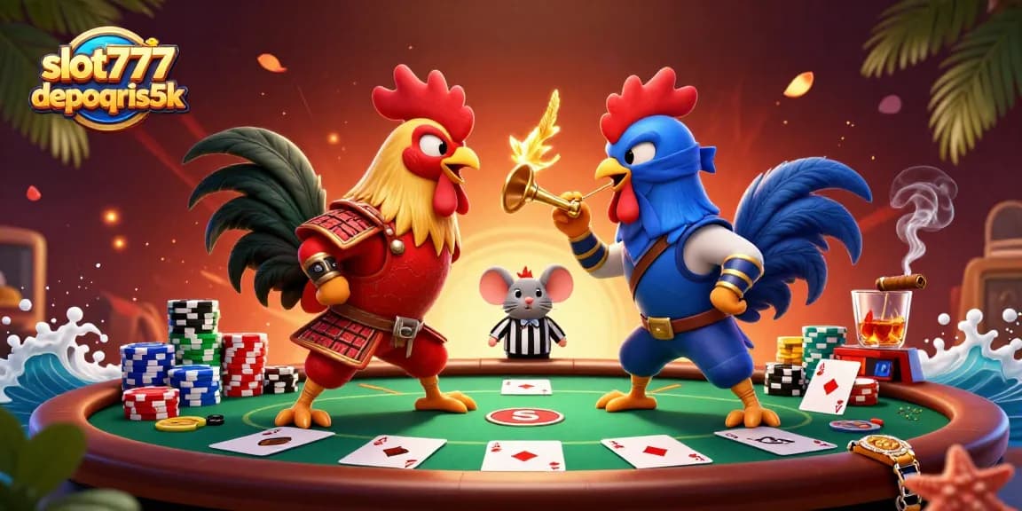 Engage in thrilling action at slot777depoqris5k with roosters in a dramatic standoff in a lively casino scene.