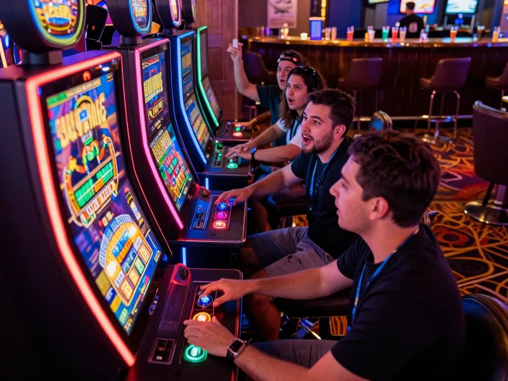Players enjoying Slot Online gaming at colorful machines in a lively casino atmosphere.