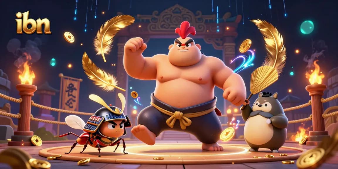 Engage with ibn's latest slots as a sumo wrestler rooster and samurai cricket battle in a vibrant casino environment.