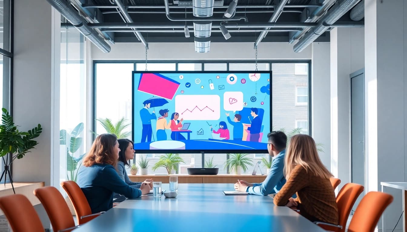 Unternehmensanimation displayed on a screen in a vibrant office environment.