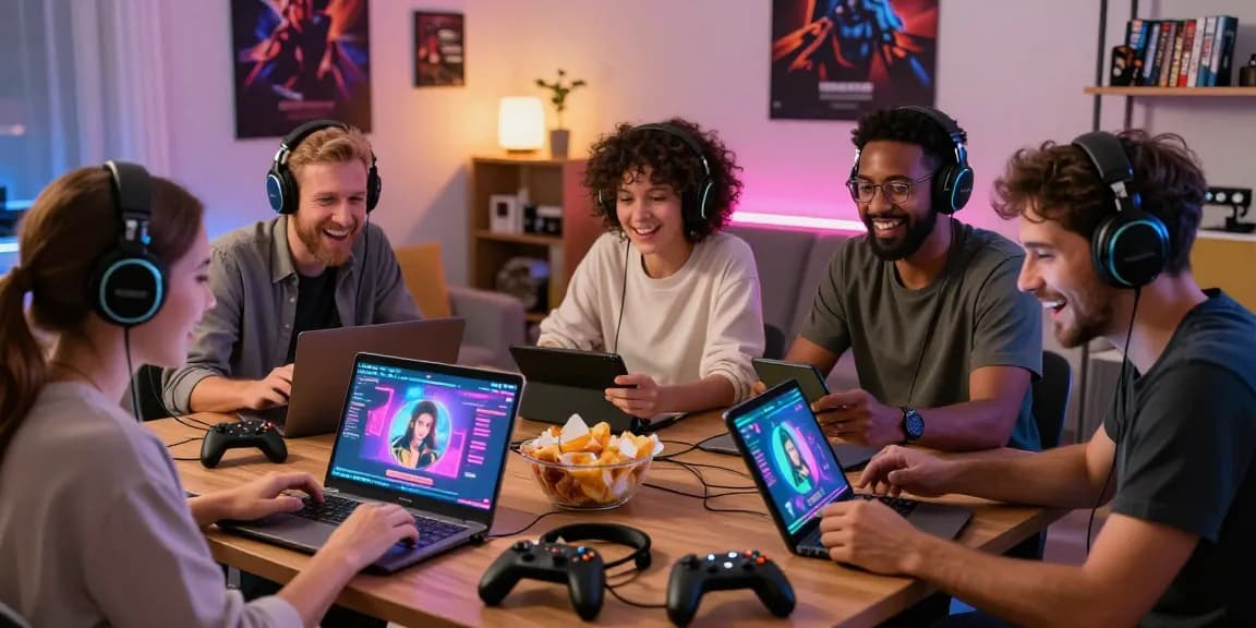 Engaged adults enjoying free porn games online in a vibrant gaming setting with devices and accessories.