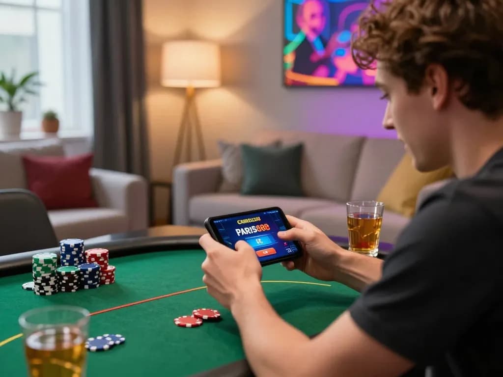 Engaging gameplay on the paris888 mobile app in a cozy living room setting, highlighting the excitement of online gaming.