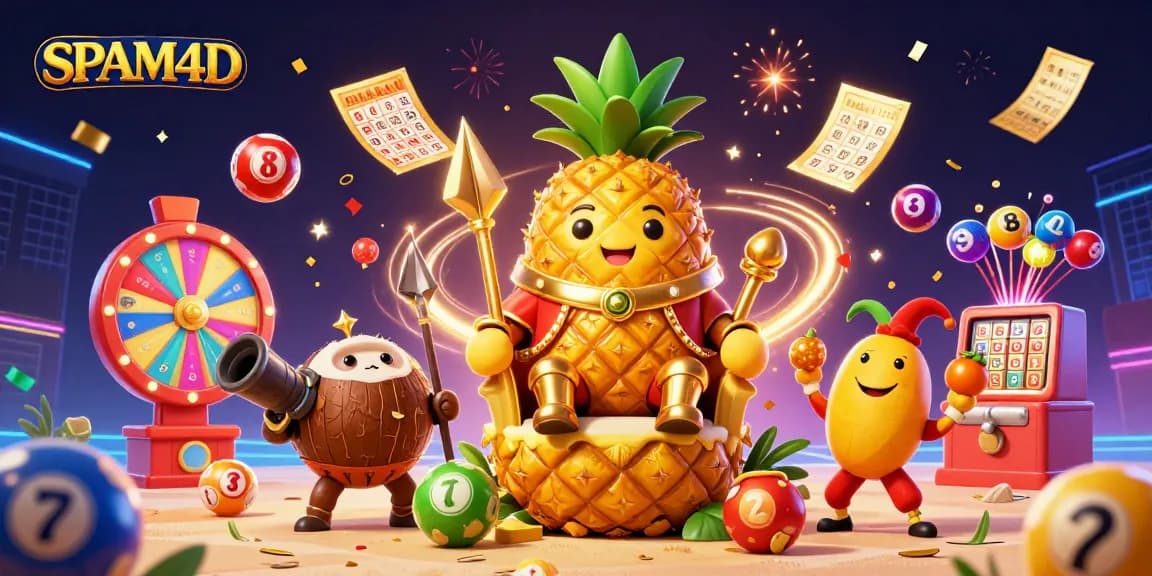 SPAM4D menghibur pemain dengan ilustrasi kartun 3D raja nanas emas dan elemennya di kasino pantai.