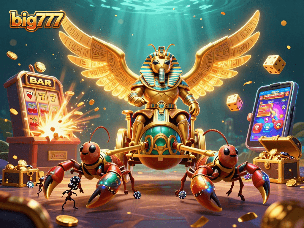 Experience the thrill of big777 with a vibrant illustration of a colossal scarab in a casino world.
