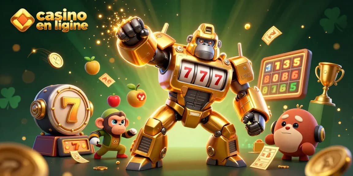 Expérimentez les sensations des jeux de casino en ligne avec ce gorille mécanique doré frappant vers le haut.