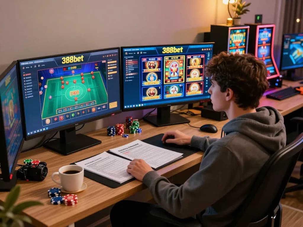 Player engaging with the 388bet online casino interface on multiple screens, showcasing responsible gaming.