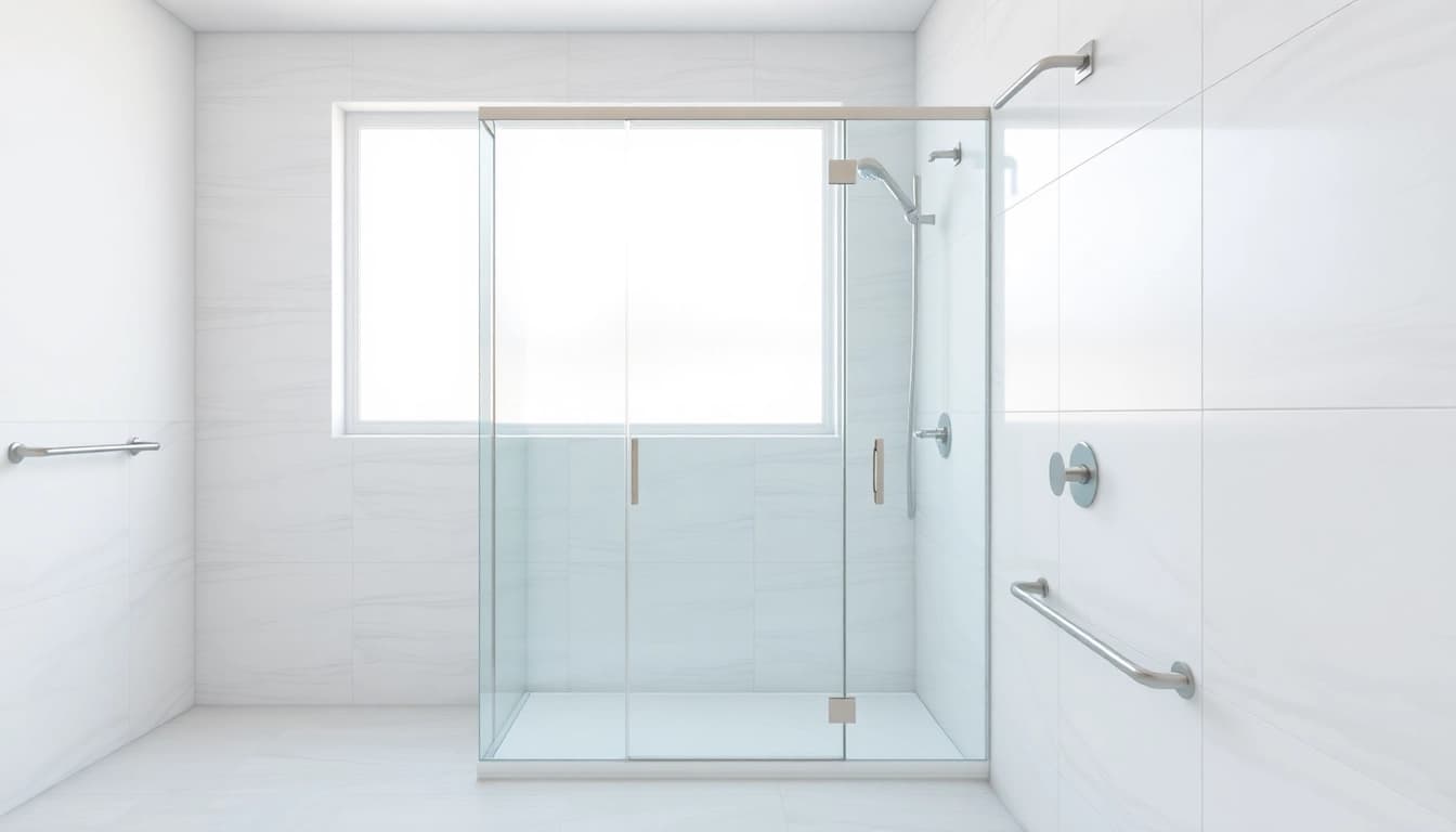 Innovative semi-frameless shower screen nestled in a bright, modern bathroom with neutral tiles.