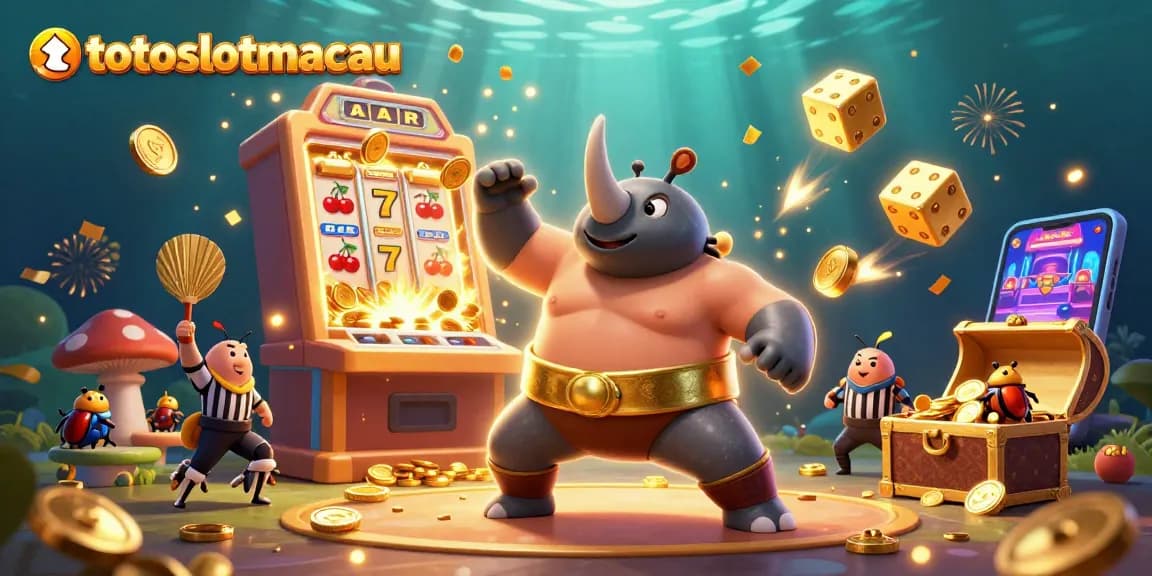Experience jackpot thrills with totoslotmacau's lively illustration of a beetle sumo champion amidst dazzling casino elements.