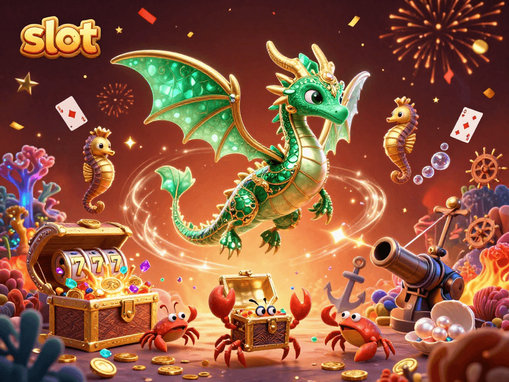 Menangkan slot di situs Slot Bet Kecil dengan ilustrasi naga laut dan peti harta karun penuh koin.