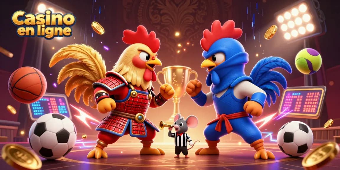 Pariez sur les jeux de casino en ligne avec des coqs combattants dynamiques dans une scène animée.