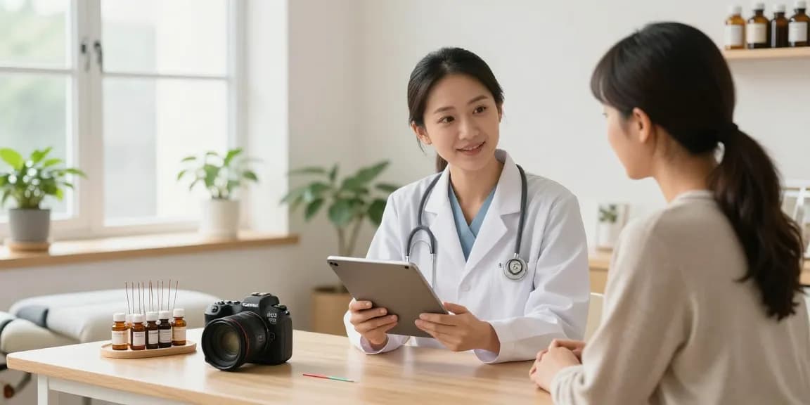 Consultation at 수원한의원 with practitioner and patient in a calming clinic environment.
