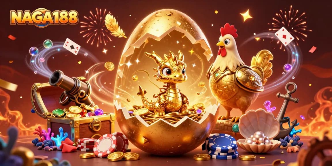 NAGA188 menghadirkan ilustrasi kasino 3D yang megah dengan telur emas dan naga kristal, menambah sensasi bermain.