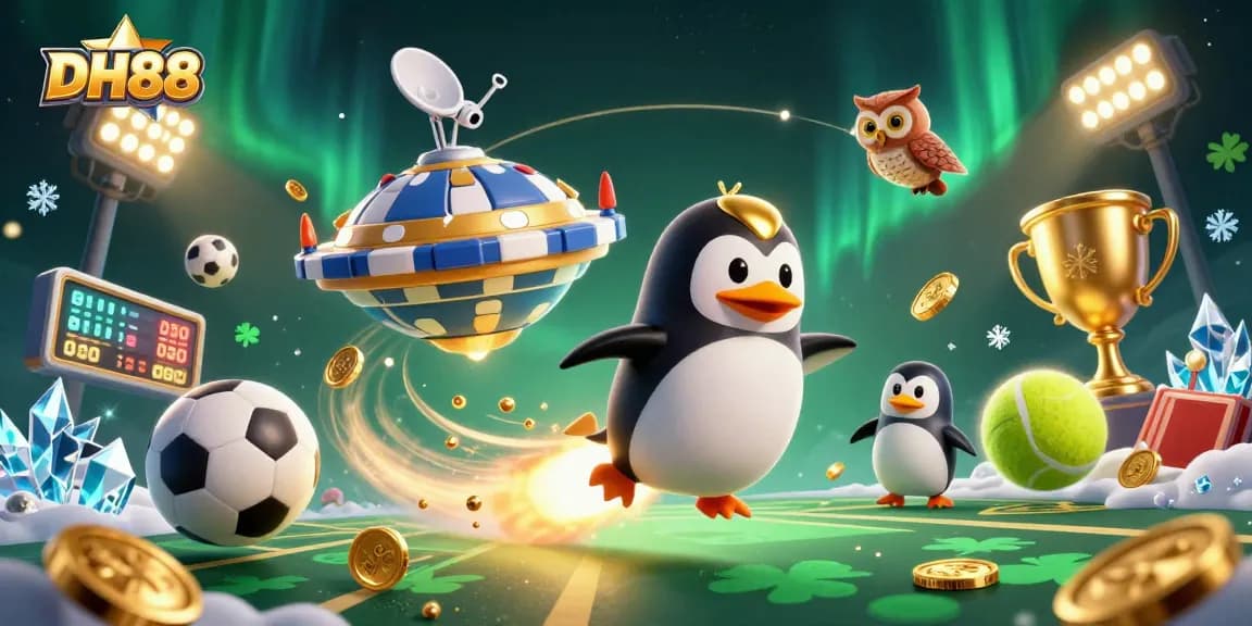 Experience thrilling adventures at DH88 casino with a golden penguin navigating through a vibrant, immersive gaming cosmos.
