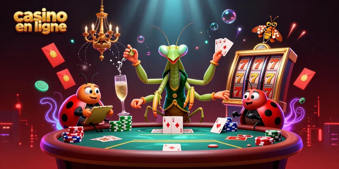 Animation dynamique sur un casino en ligne avec un caméléon et une coccinelle, ambiance festive.