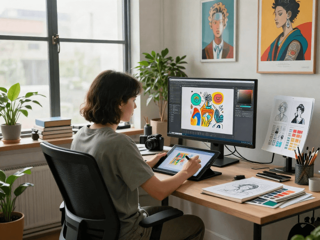 Creating NSFW AI art in a bright studio with digital tools and vibrant designs.