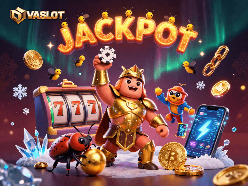 Engage in thrilling gaming action with OVASLOT's vibrant jackpot scene including coins and slot reels.