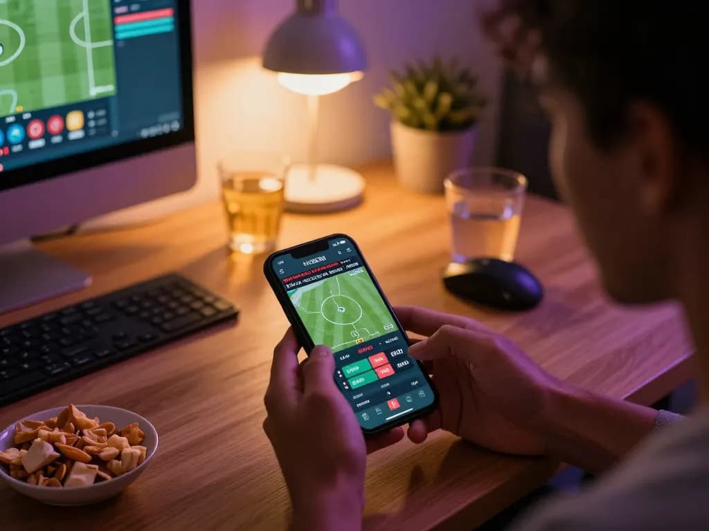 Engaged player using 888top app for live sports betting in a cozy home setting.