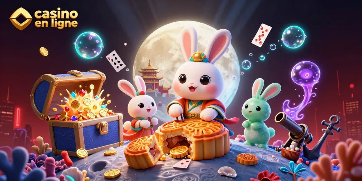 Casino en ligne : un lapin de lune créant des jetons de poker avec des éléments de jeu animés