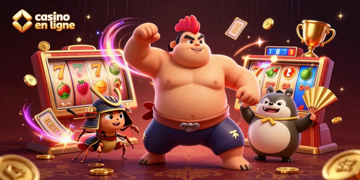 Animation captivante de casino en ligne avec un combattant et des rouleaux de machine à sous vibrants.
